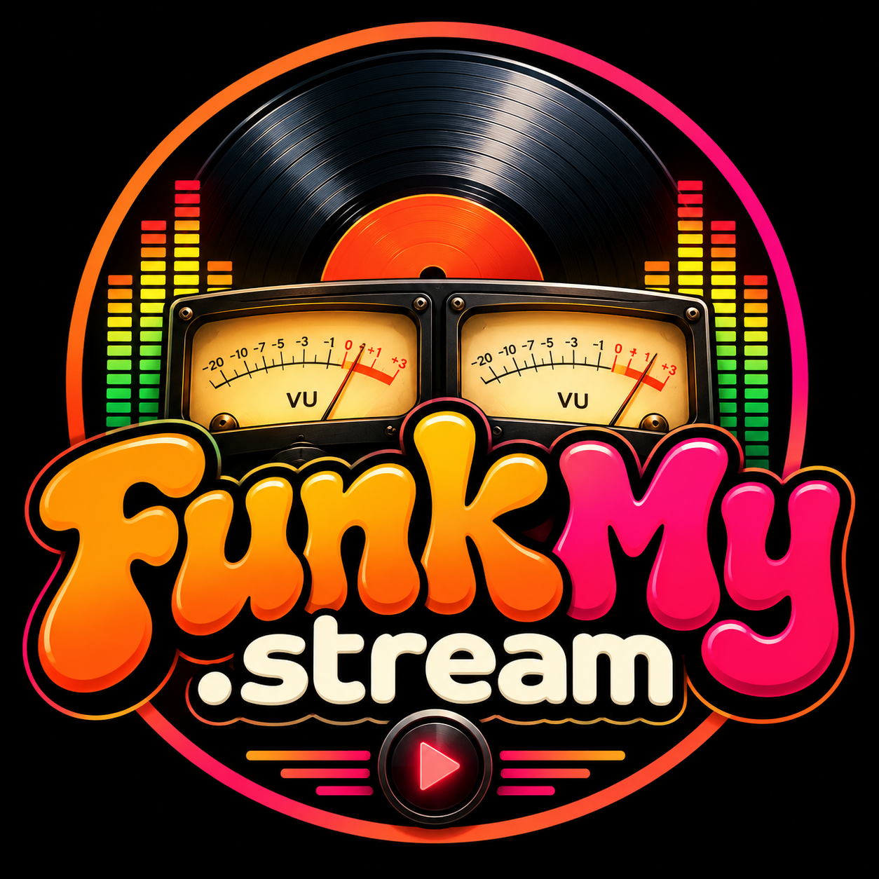 FunkMy.stream — vinyl, glowing VU meters and colourful equaliser bars